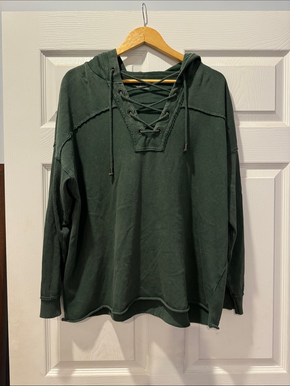 aerie Forest Green Lace-Up V-Neck Hoodie Sweater